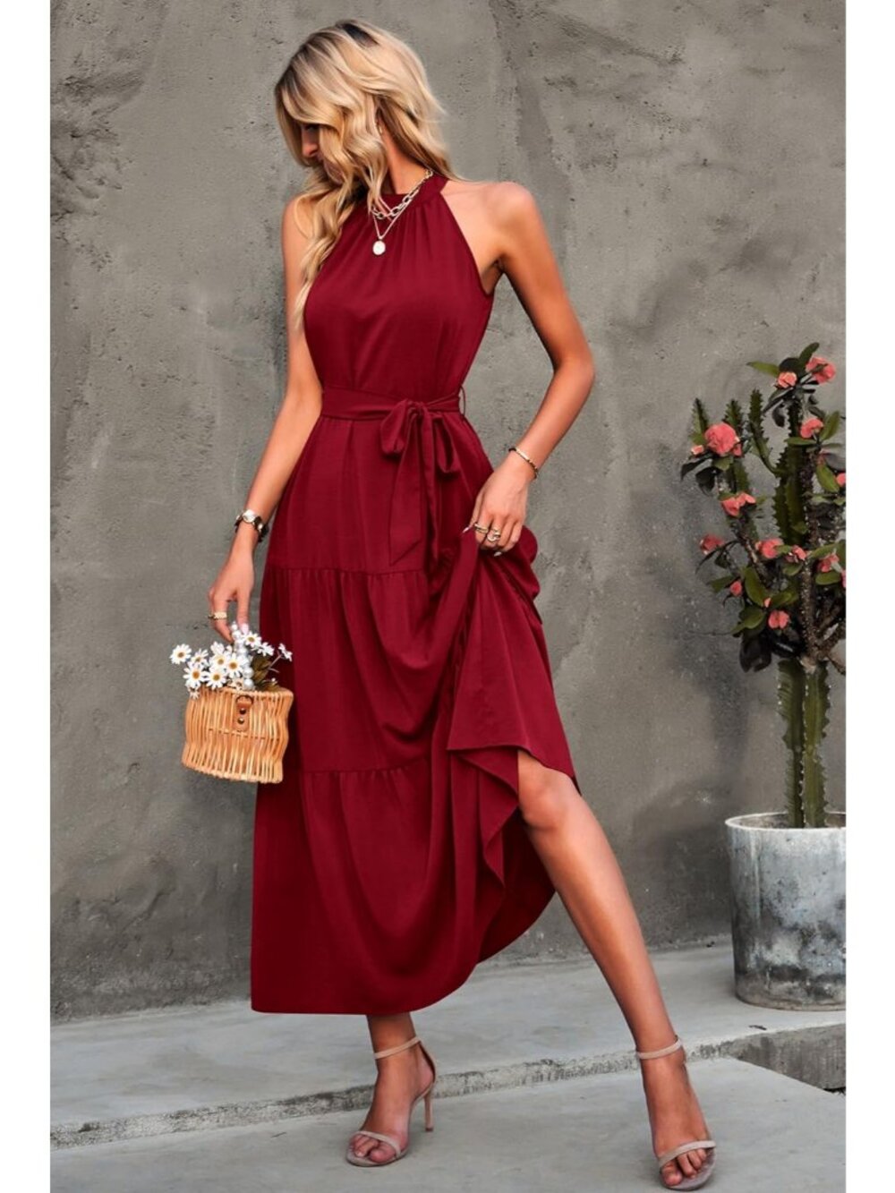 Women's Solid Wine Red Sleeveless Halter Neck High Waist Backless Maxi Dress - Picture 4 of 6